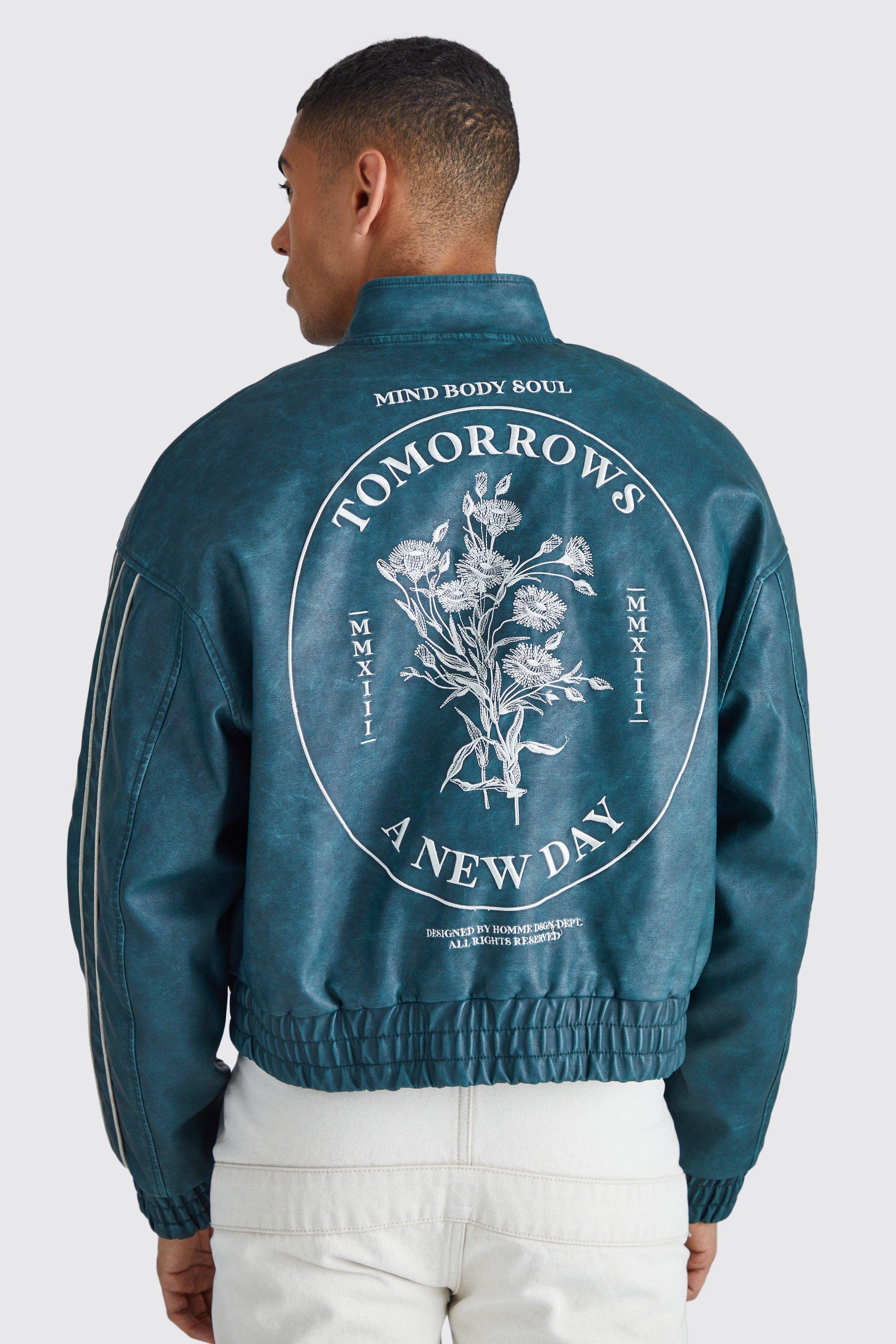 Mens Green Boxy Tumbled Pu Souvenir Jacket, Green